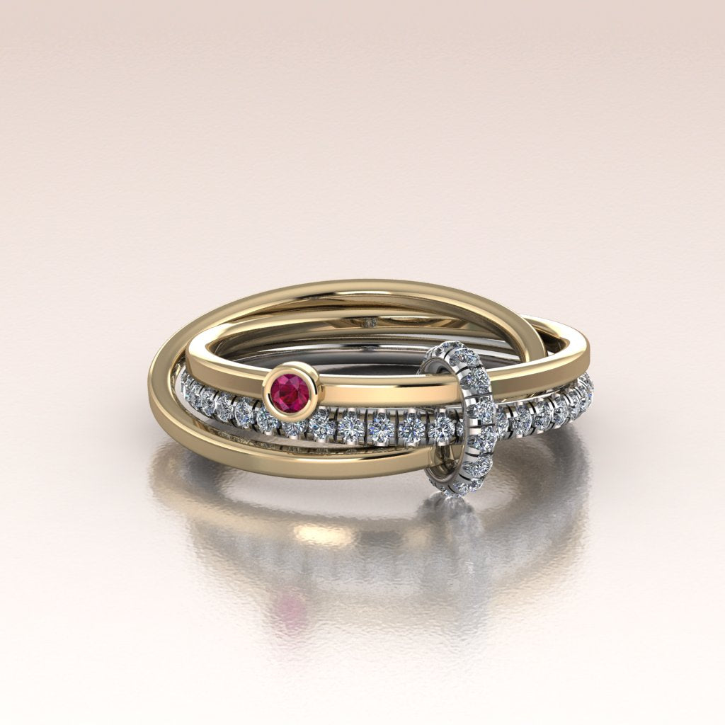 yellow and white gold multi bands stack together diamond and ruby