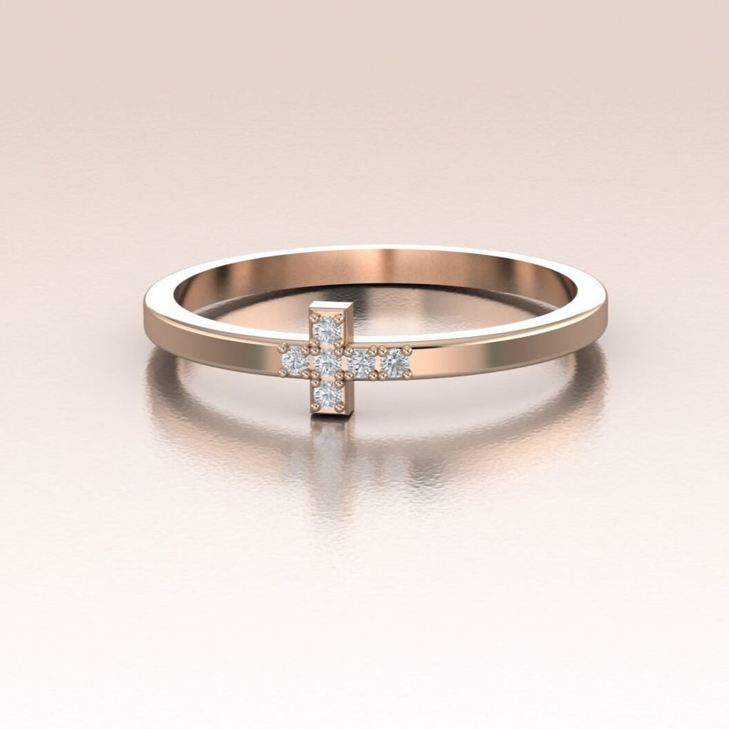 14K Rose Gold Mini Diamond Cross Ring
