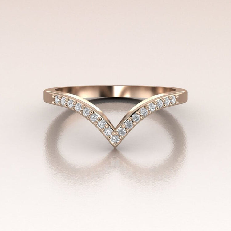 14K Gold White Diamonds V- shape Band