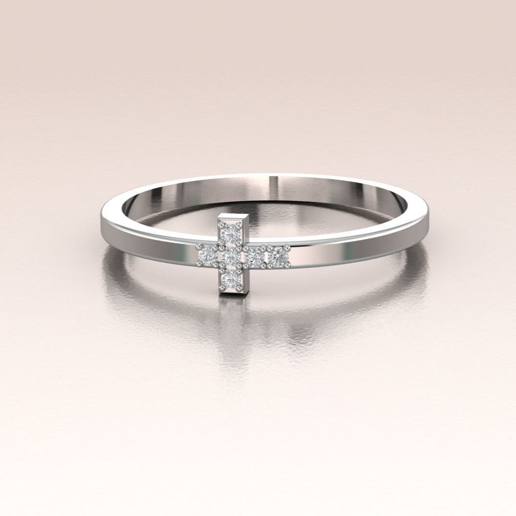 14K White Gold Mini Diamond Cross Ring