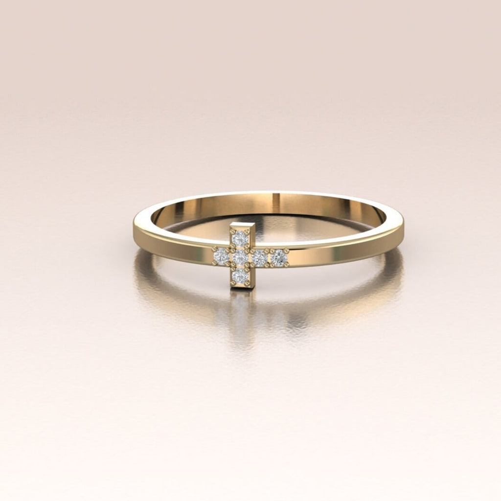 14K Yellow Gold Mini Diamond Cross Ring