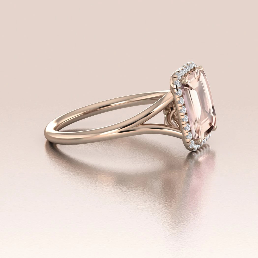 14K Rose Gold Morganite Emerald Cut Diamond Halo Engagement Ring