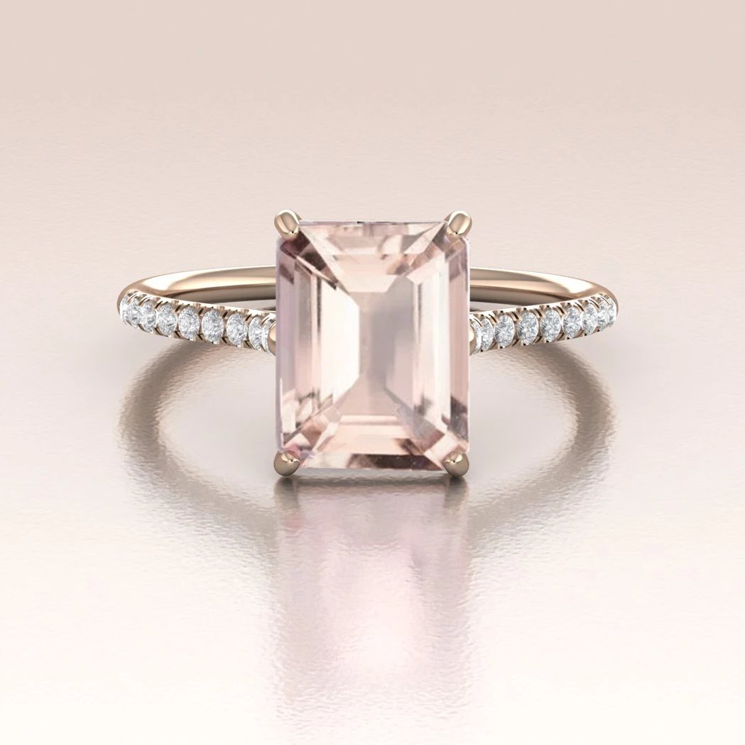 LIONNA 14K Rose Gold Emerald Cut Morganite Engagement Ring with Diamonds