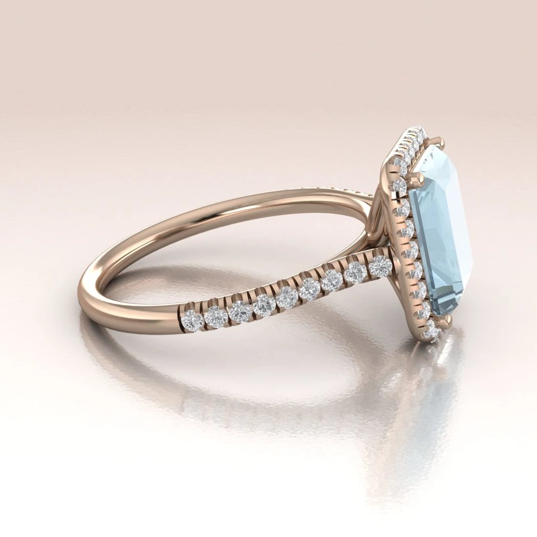 14k Rose Gold Aquamarine Emerald Cut Diamond Halo Engagement Ring