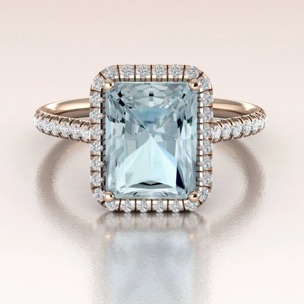 14k Rose Gold Aquamarine Emerald Cut Diamond Halo Engagement Ring