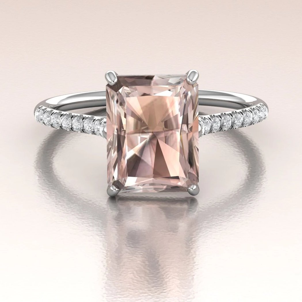 14K White Gold Emerald Cut Morganite Engagement Ring with Diamonds