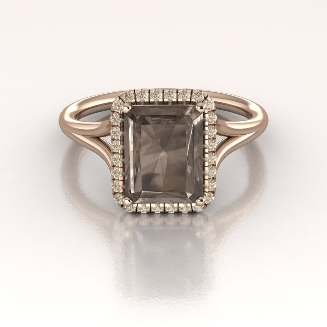 Emerald cut Smoky Quartz Engagement Ring Diamond Halo 14K Rose Gold