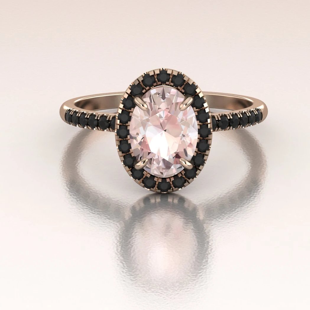 14k Rose Gold Oval Morganite Black Diamond Halo Engagement Ring