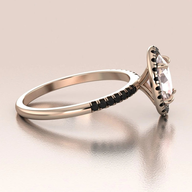 14k Rose Gold Oval Morganite Black Diamond Halo Engagement Ring