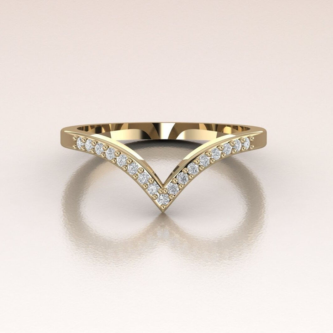 14K Gold White Diamonds V- shape Band