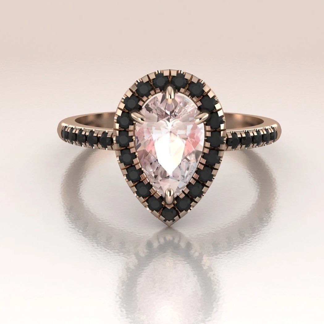 FAY- 14k Rose Gold Pear Morganite Ring with Black Diamonds