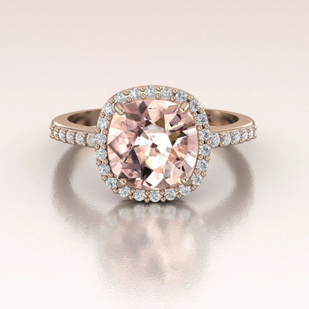 Morganite and diamond halo cushion ring online