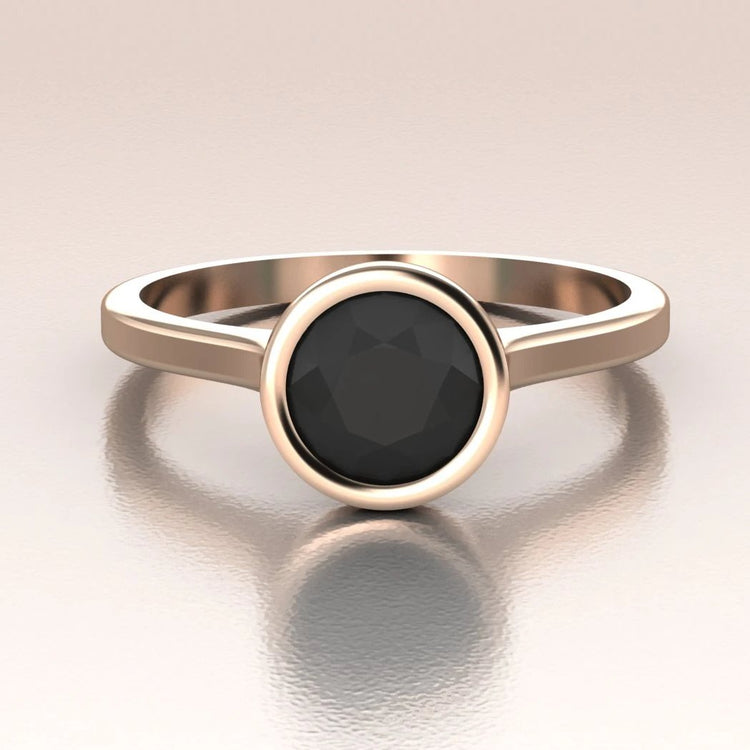 14K Rose Gold Minimalist Solitaire Round Black Diamond Engagement Ring