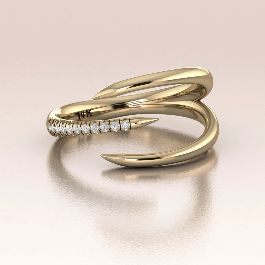 14K Yellow Gold Claw Ring with White Diamonds