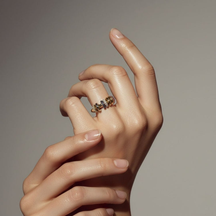 14k Gold Diamond Sapphire Ruby Ring with Moving Links for Women - Alizée
