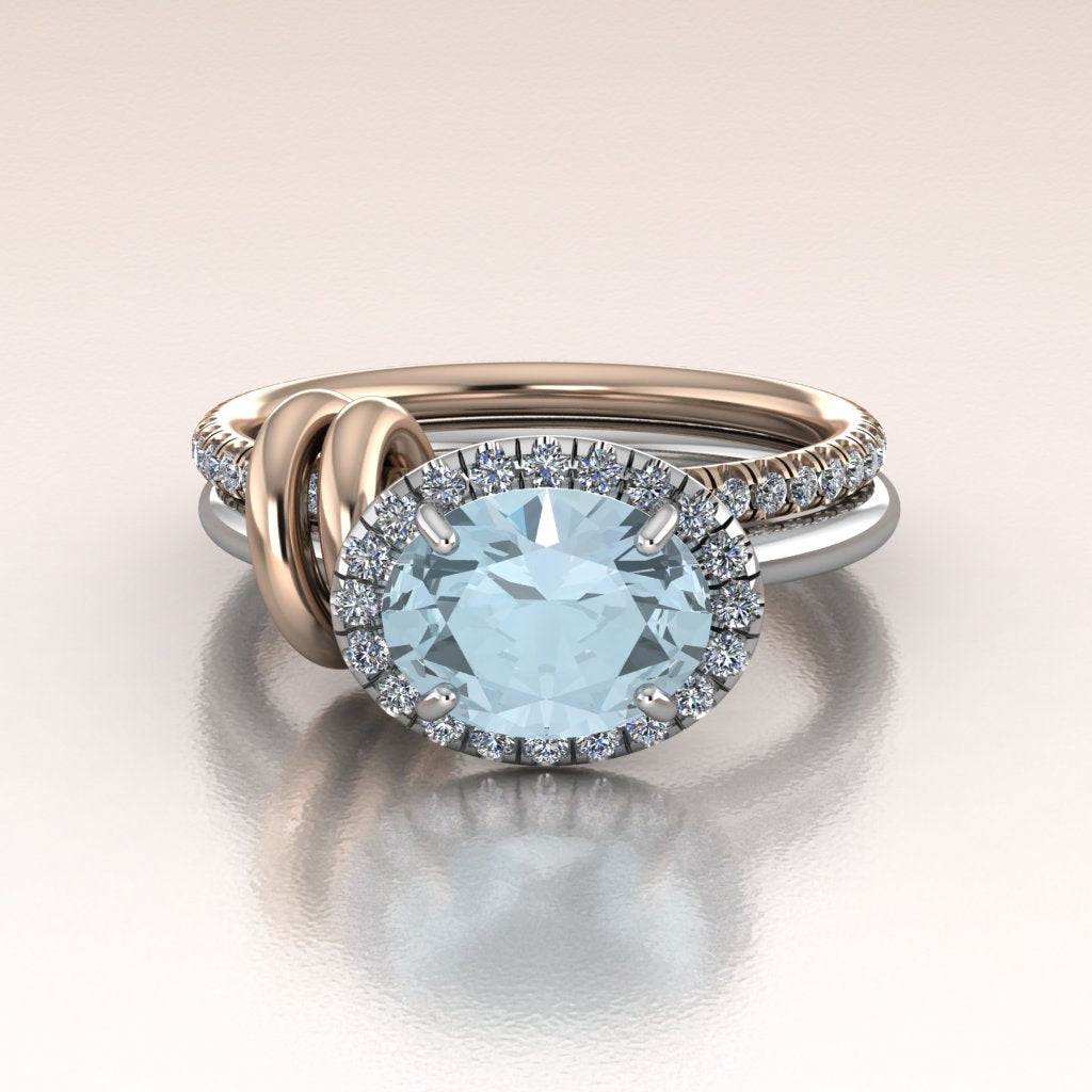 East-West Aquamarine Diamond Halo & Rose Gold Kinetic Engagement Ring - Maris
