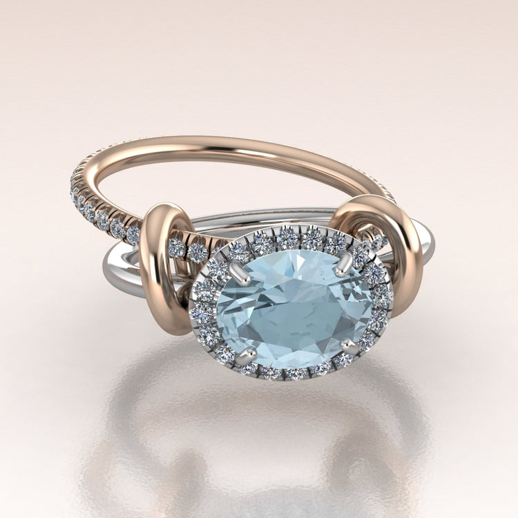 East-West Aquamarine Diamond Halo & Rose Gold Kinetic Engagement Ring - Maris
