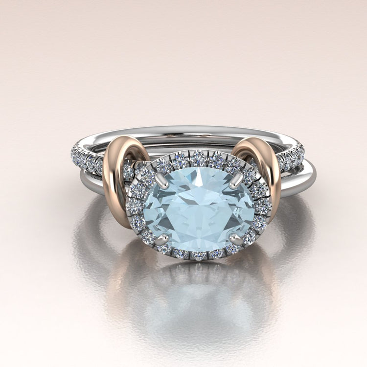 East-West Aquamarine Diamond Halo & Rose Gold Kinetic Engagement Ring - Maris
