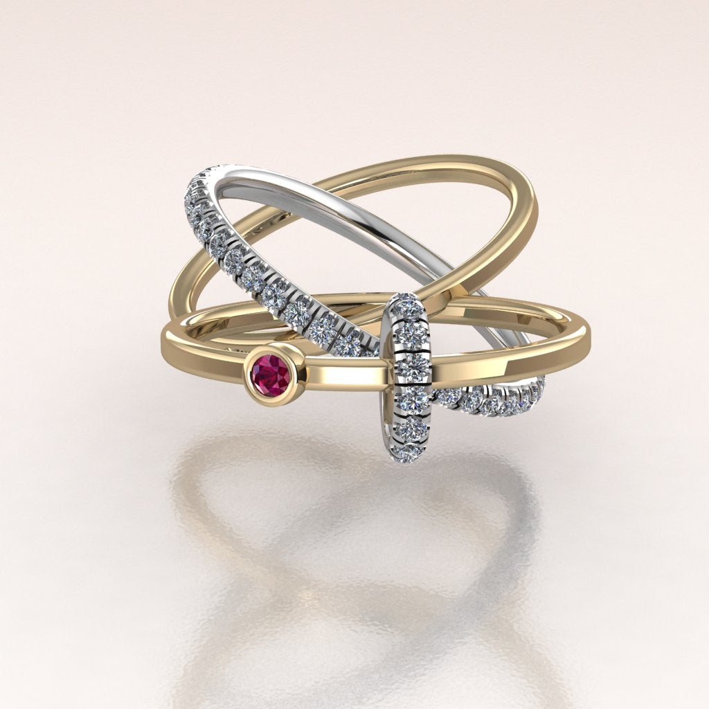 yellow and white gold multi bands stack together diamond band and ruby