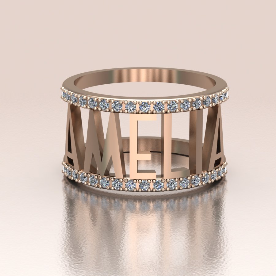 Personalized 14K Gold Name Ring with Diamonds - Custom Name Ring
