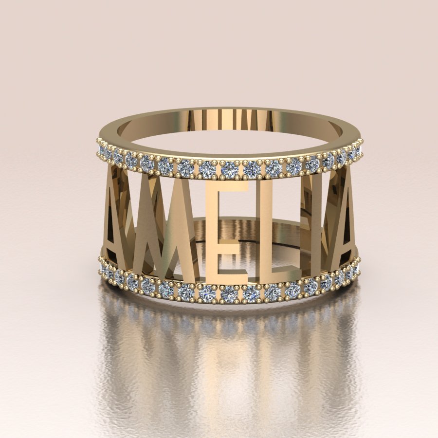 Personalized 14K Gold Name Ring with Diamonds - Custom Name Ring
