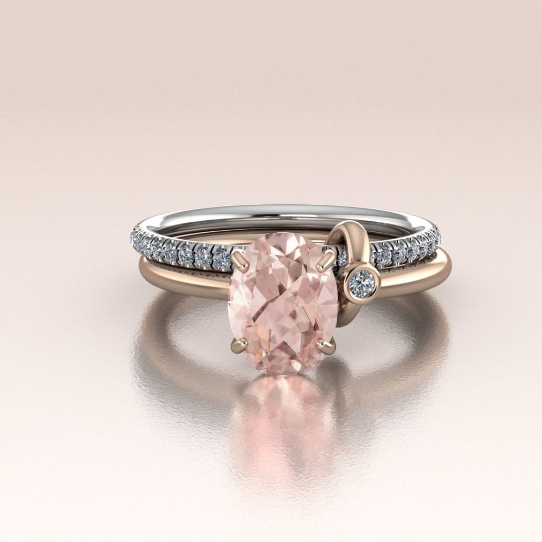 14k Rose and White Gold Oval Morganite Engagement Ring Diamonds Eternity Band  - Rosée
