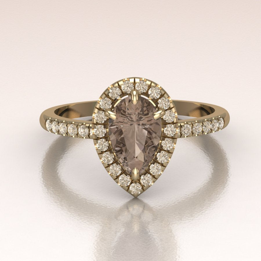 14K Yellow Gold Pear Smoky Quartz Halo Engagement Ring
