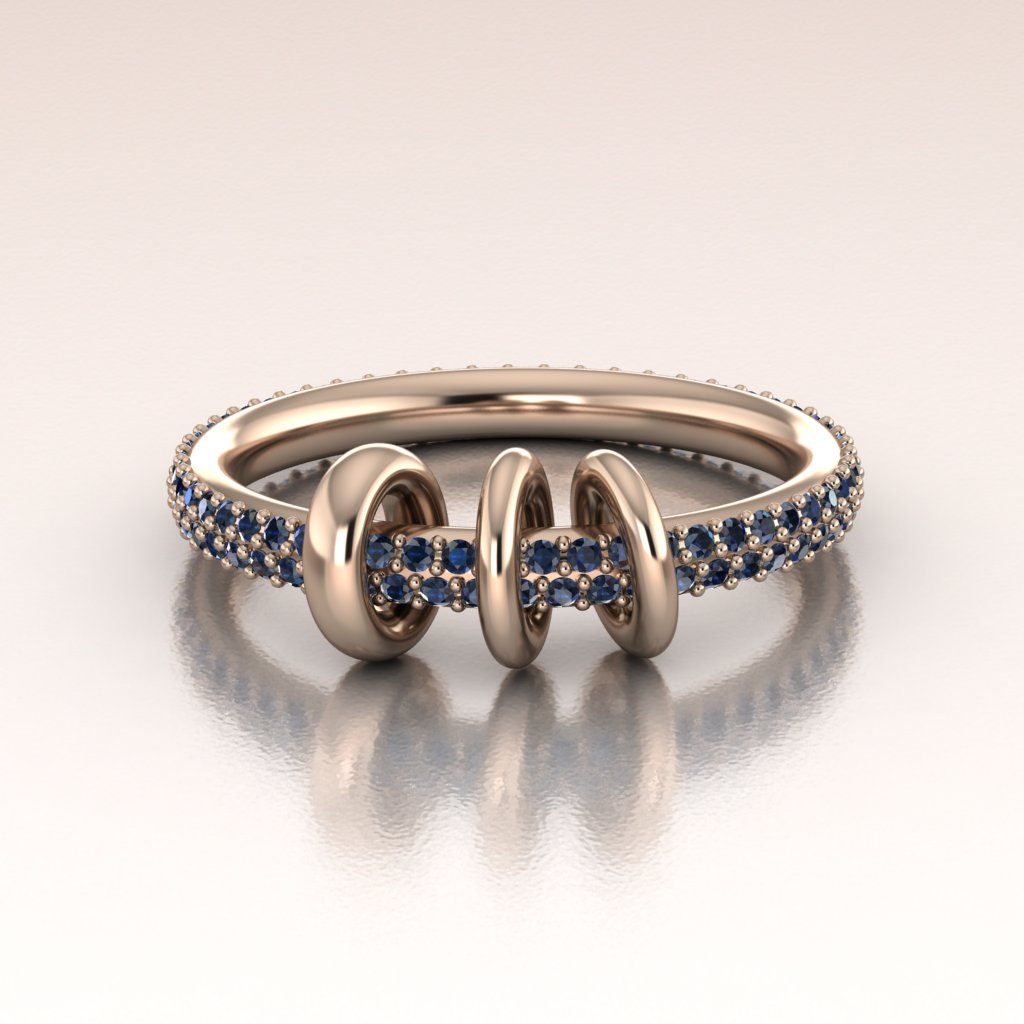 14k rose gold ring with double pave blue sapphires and moving links