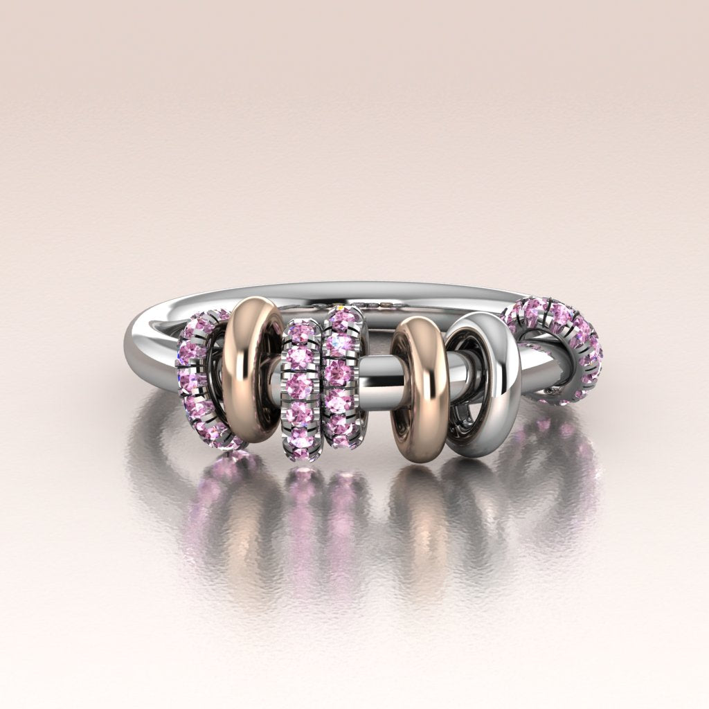 14k White Rose Gold Pink Sapphire Ring with Moving Links - Kyra