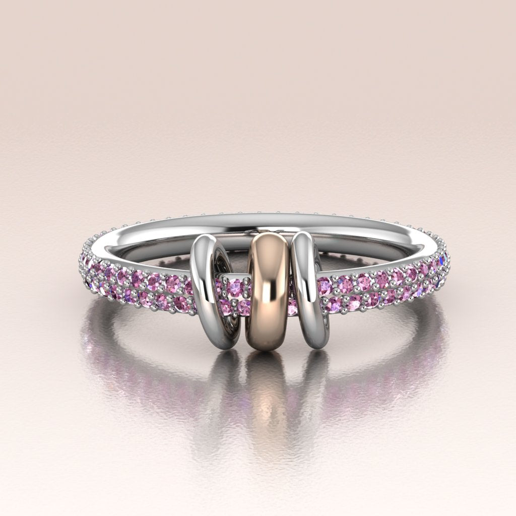 14k White Gold Pink Sapphires Pavé Ring with Moving Links - Lyra
