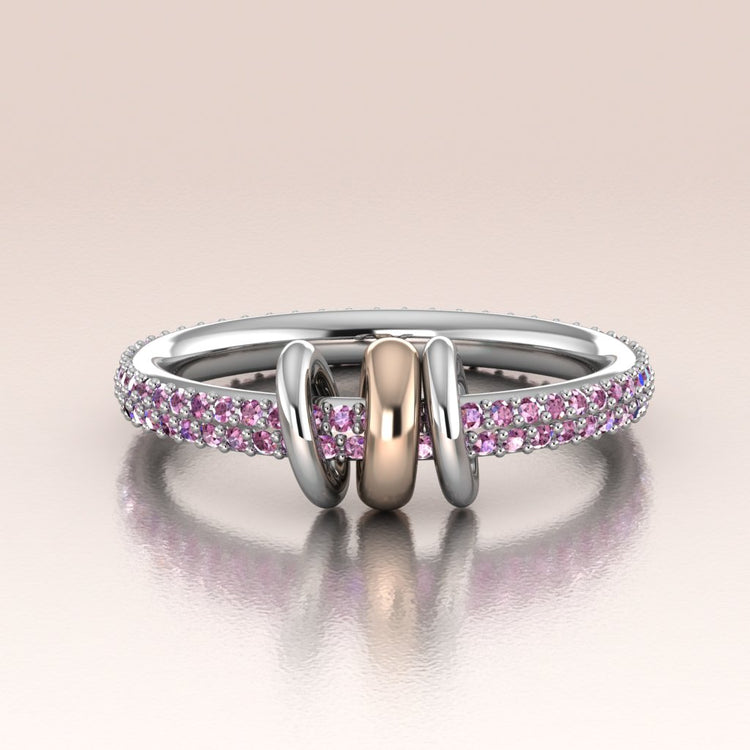 14k White Gold Pink Sapphires Pavé Ring with Moving Links - Lyra
