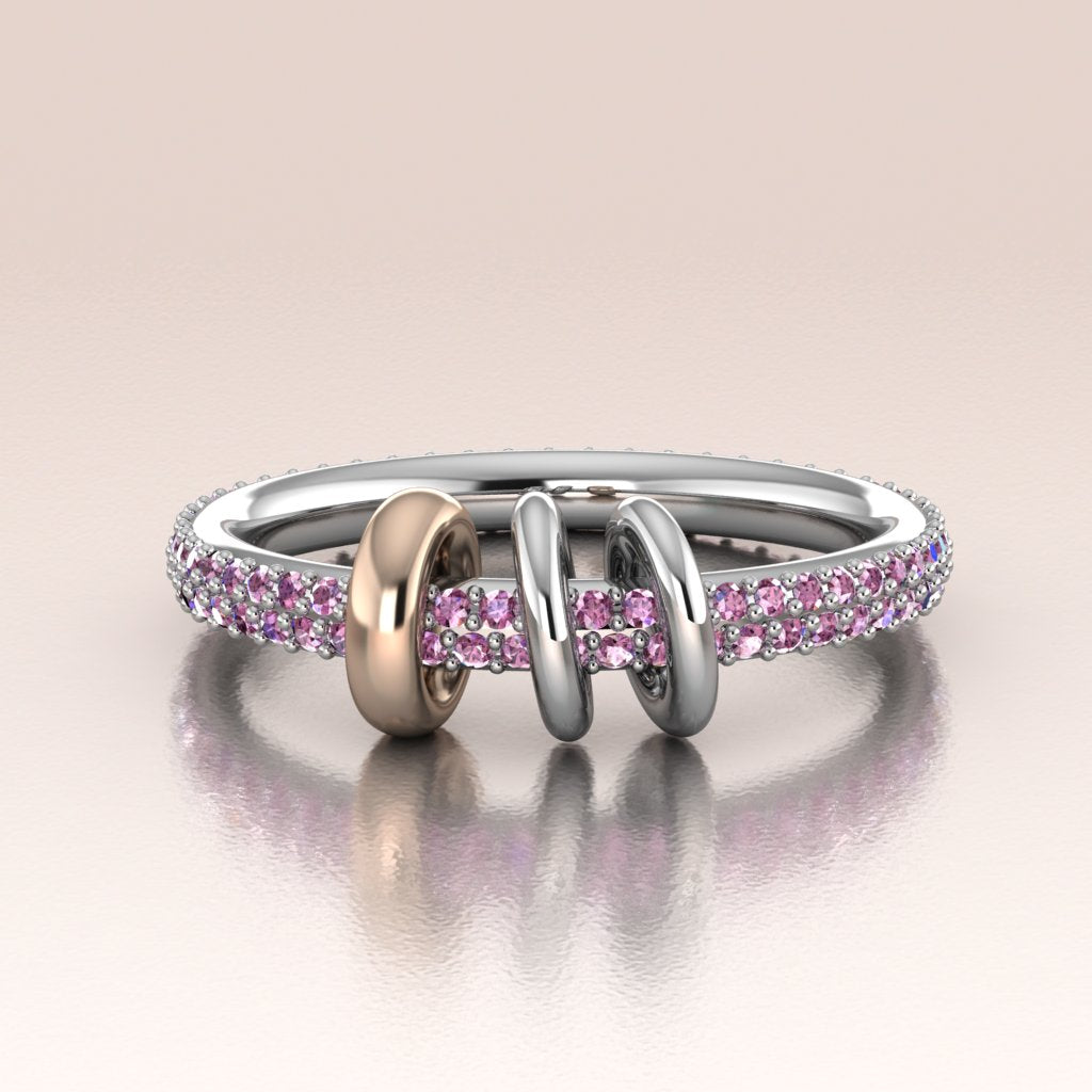 14k White Gold Pink Sapphires Pavé Ring with Moving Links - Lyra