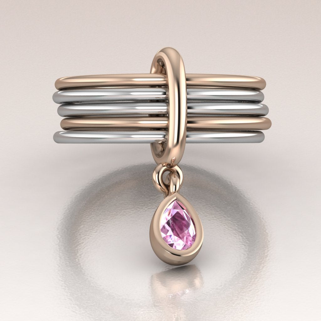 14k White and Rose Gold Multi Bands Pink Sapphire Pear Ring - Rhea