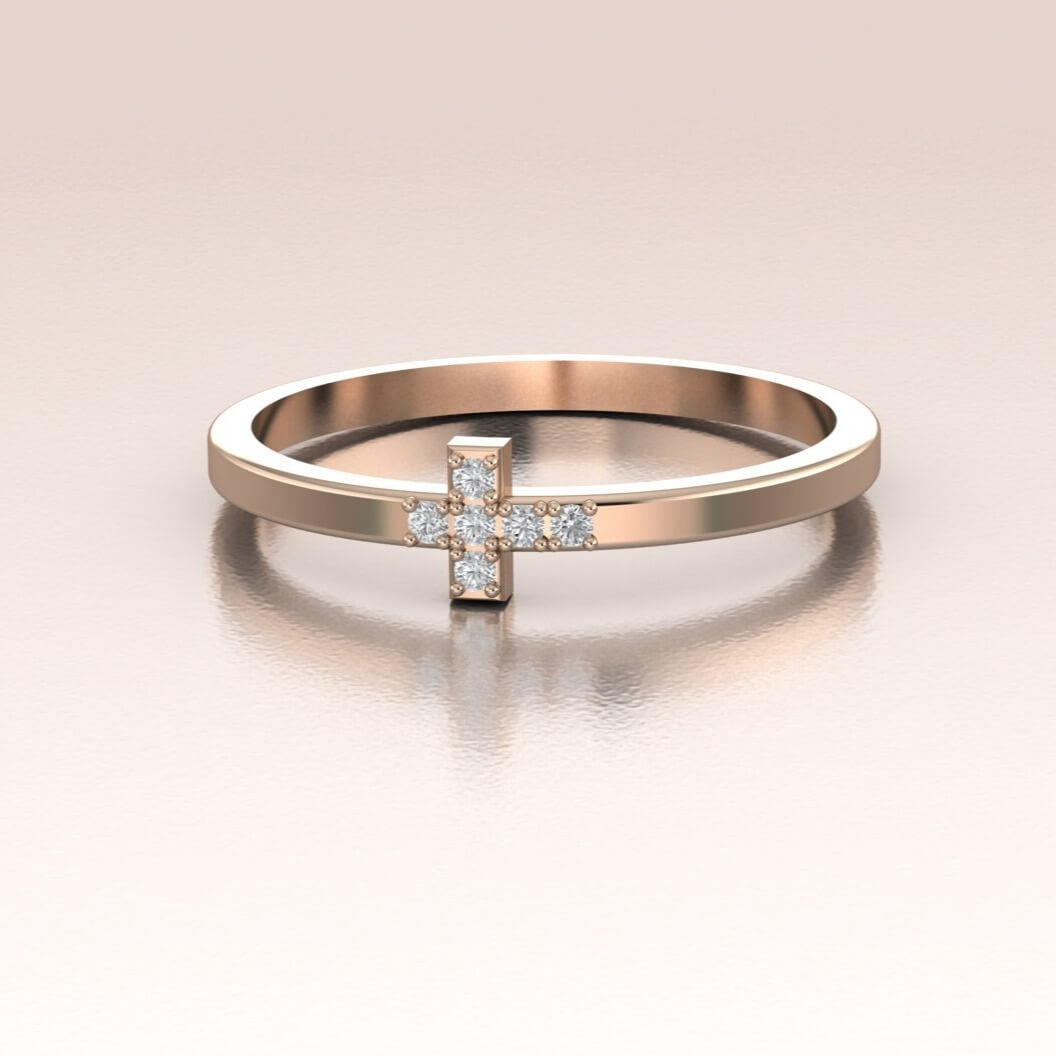 14K Rose Gold Mini Diamond Cross Ring