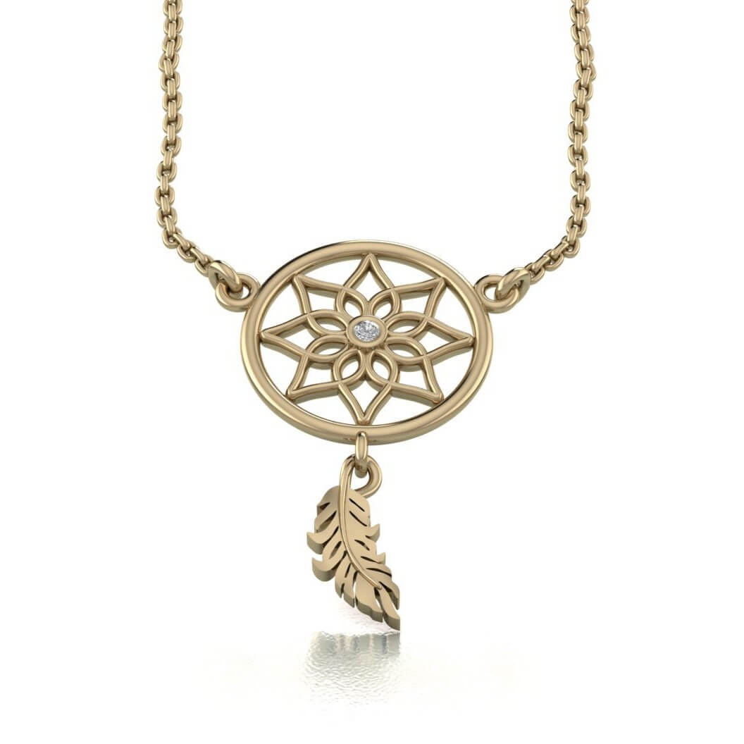 14K Yellow Gold Dreamcatcher Necklace White Diamond