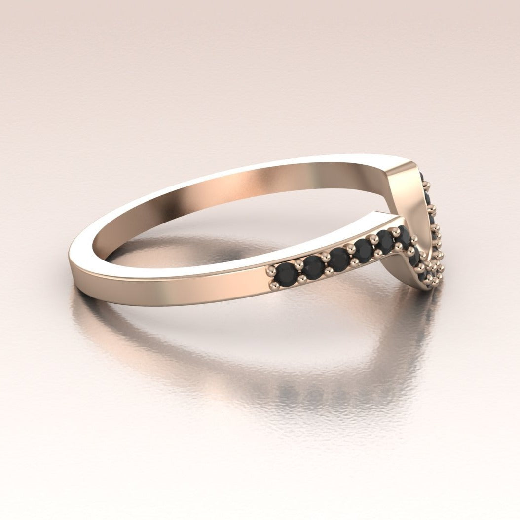 14K Rose Gold Curved Band Black Diamonds Pave Band