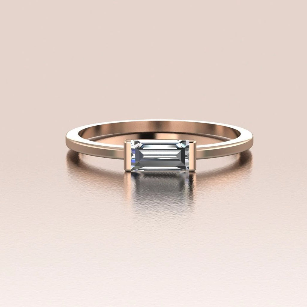 14k Rose Gold Tiny Sideways Horizontal Crystal Baguette Ring