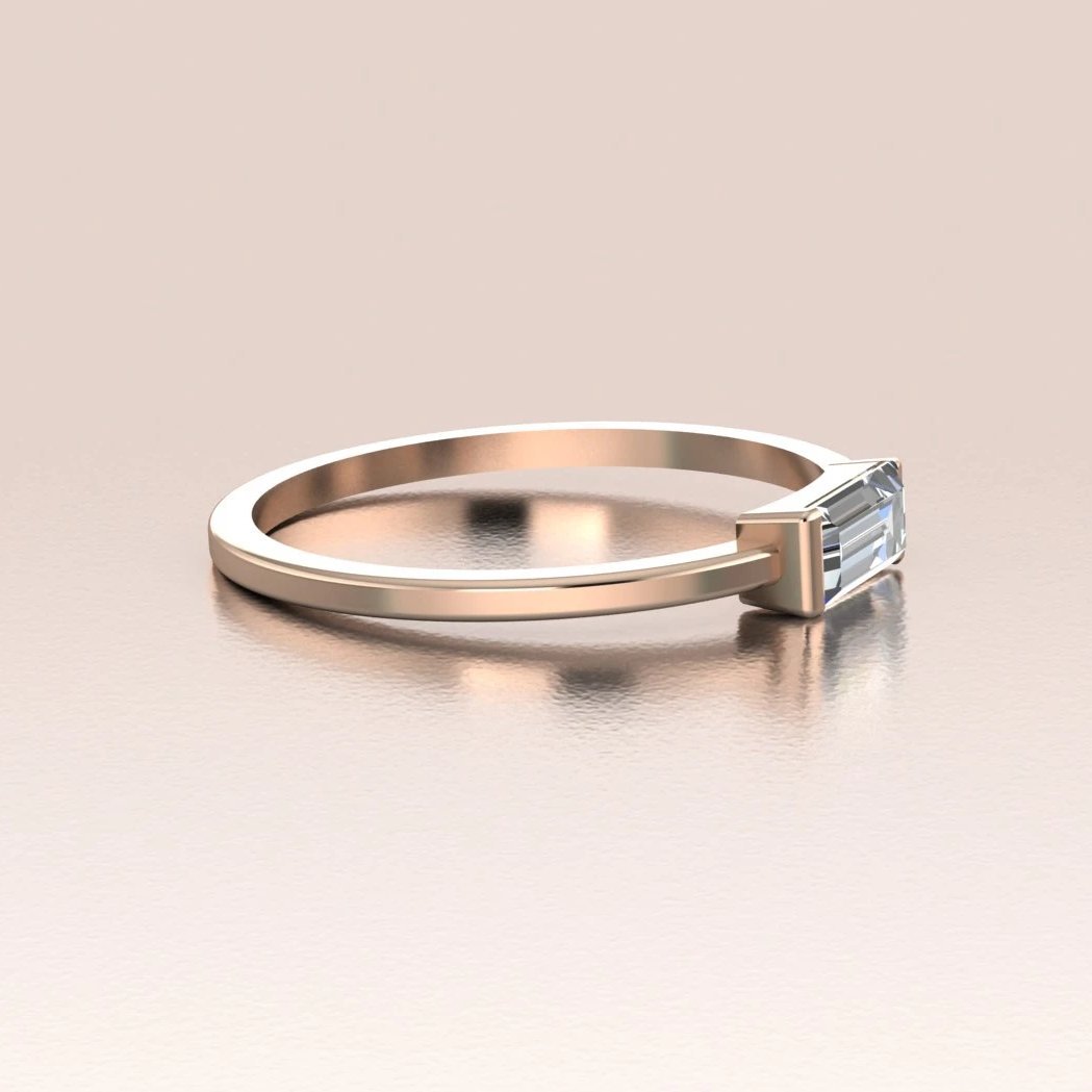 14k Gold Tiny Sideways Horizontal Crystal Baguette Ring
