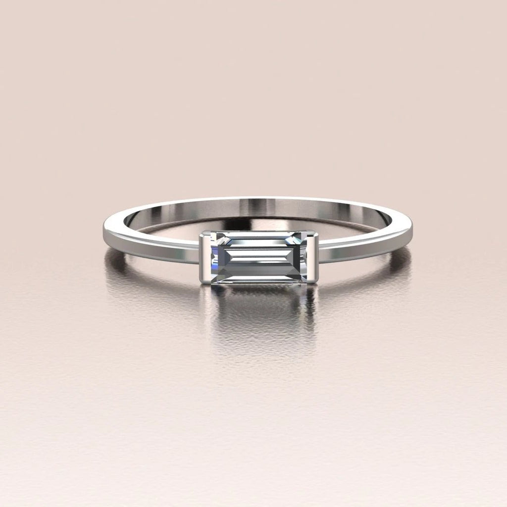 14k White Gold Tiny Sideways Horizontal Crystal Baguette Ring