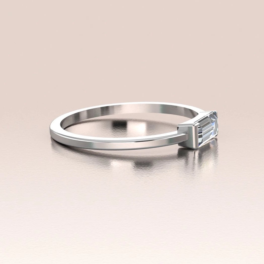 14k Gold Tiny Sideways Horizontal Crystal Baguette Ring
