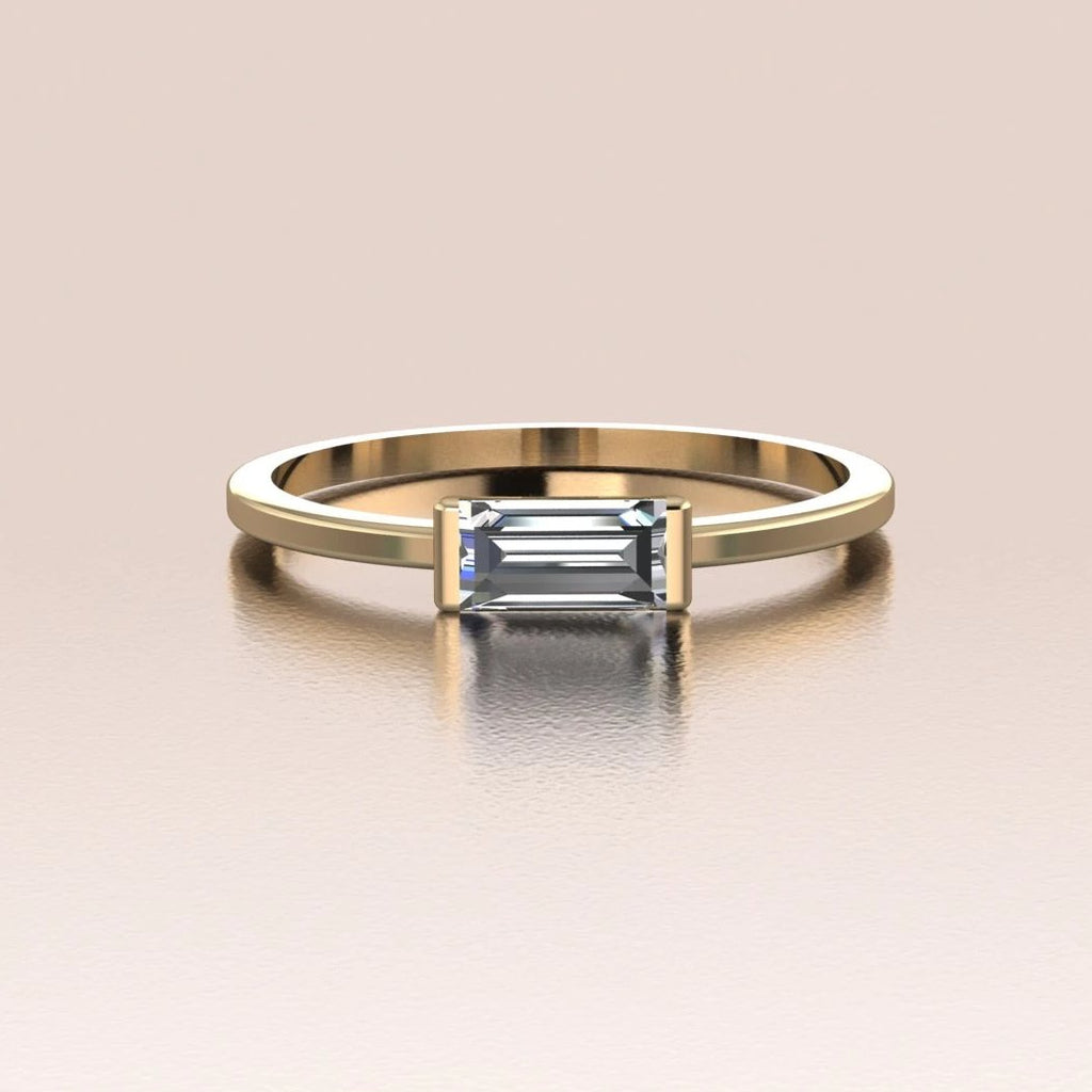 14k Yellow Gold Tiny Sideways Horizontal Crystal Baguette Ring