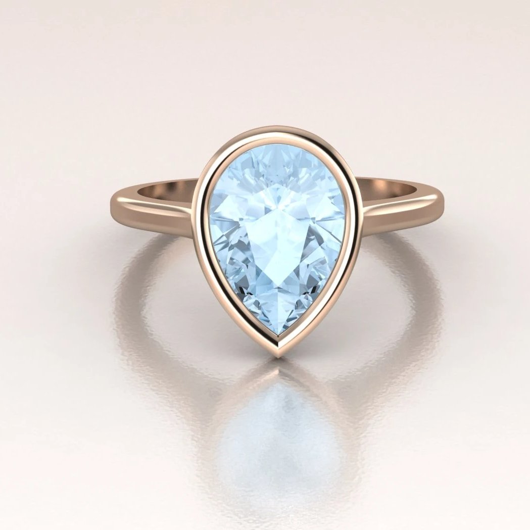 14K Rose Gold Pear Shape Aquamarine Minimalist Bezel Set Solitaire Engagement Ring