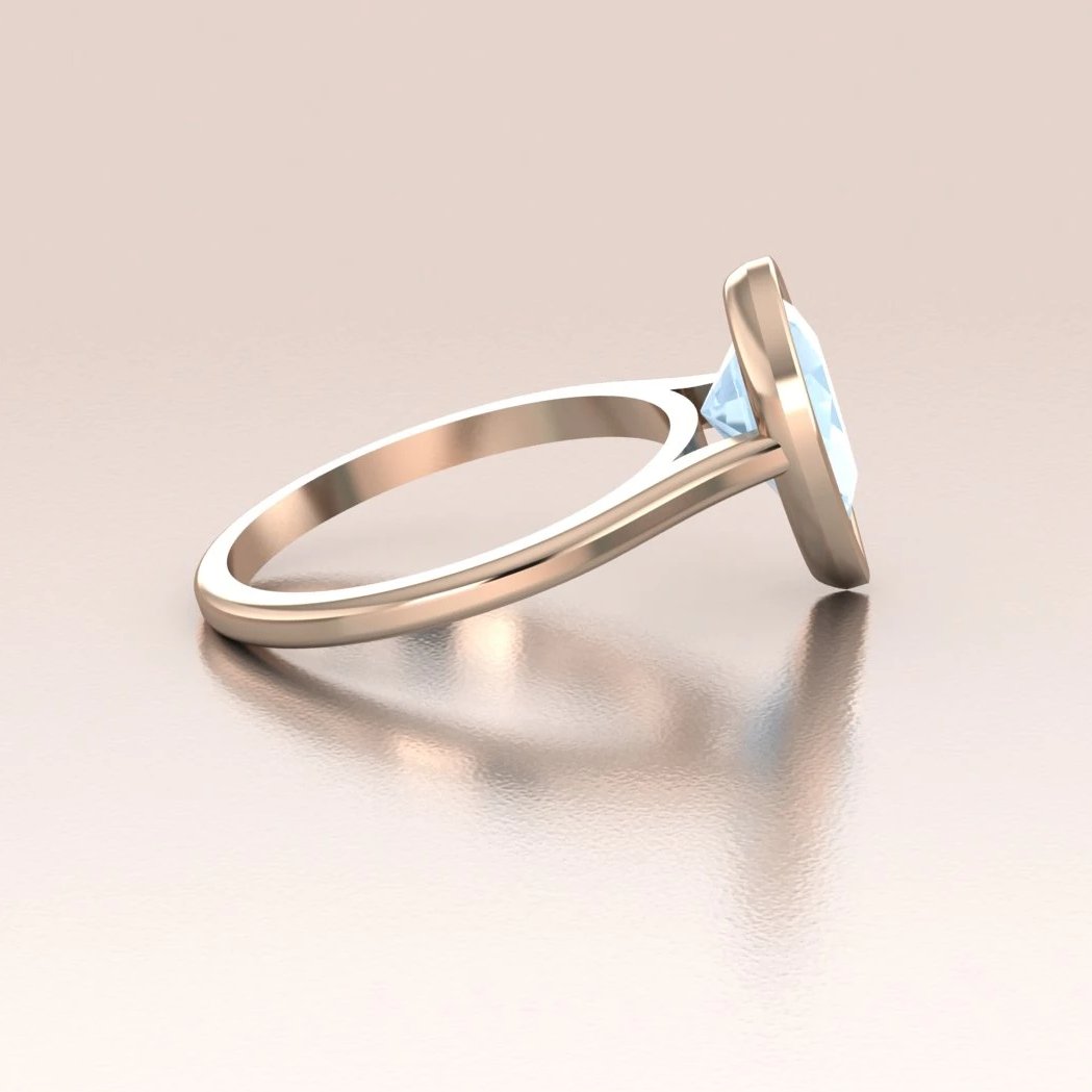 14K Rose Gold Pear Shape Aquamarine Minimalist Bezel Set Solitaire Engagement Ring