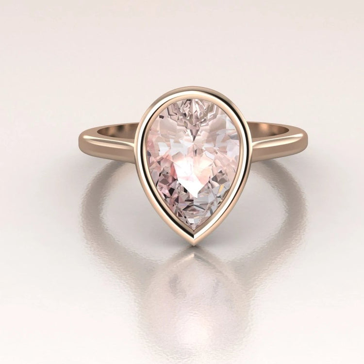 14K Rose Gold Pear Shape Morganite Minimalist Bezel Set Solitaire Engagement Ring
