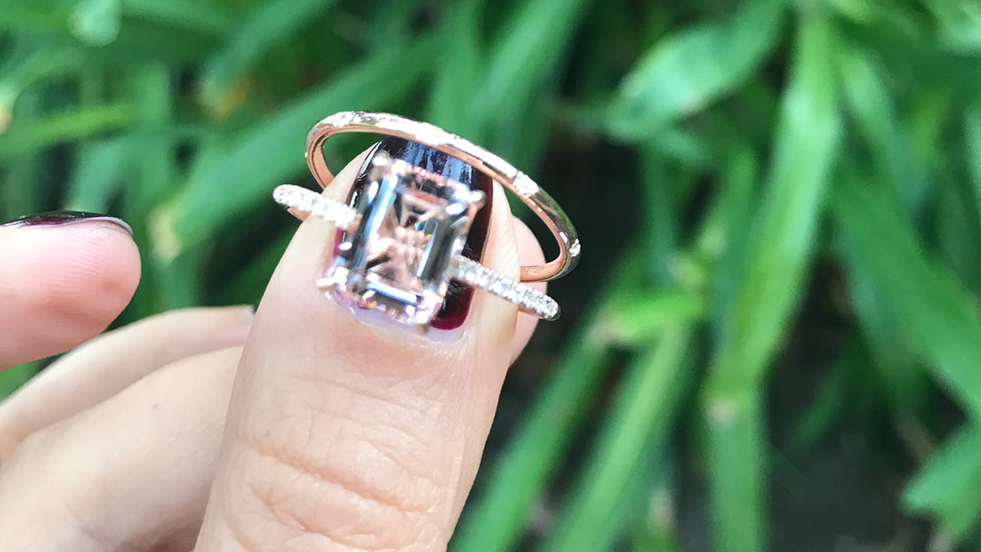 LIONNA - 14K Rose Gold Emerald Cut Morganite Engagement Ring with Diamonds