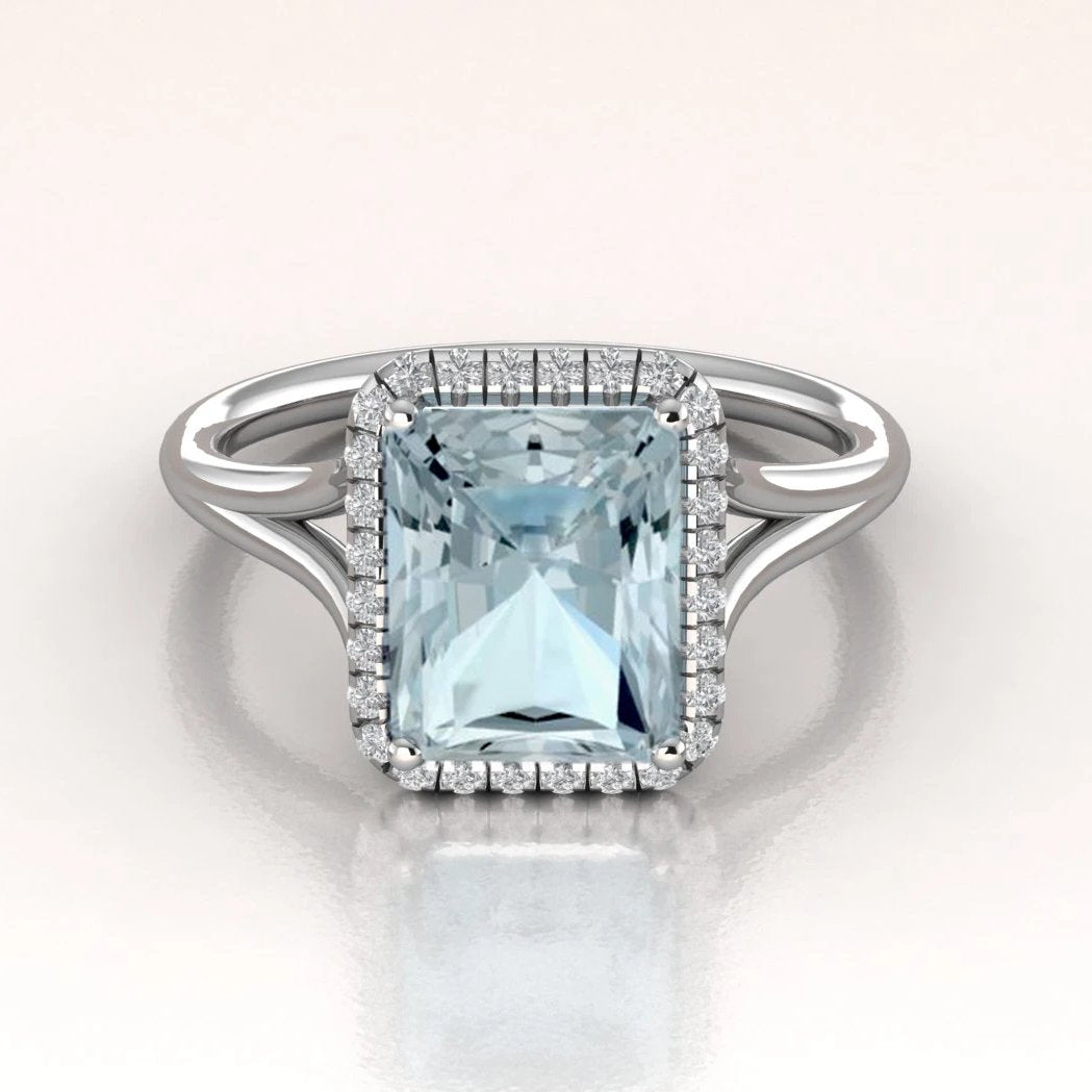DAHLIA - 14K White Gold Emerald Cut Aquamarine Engagement Ring

