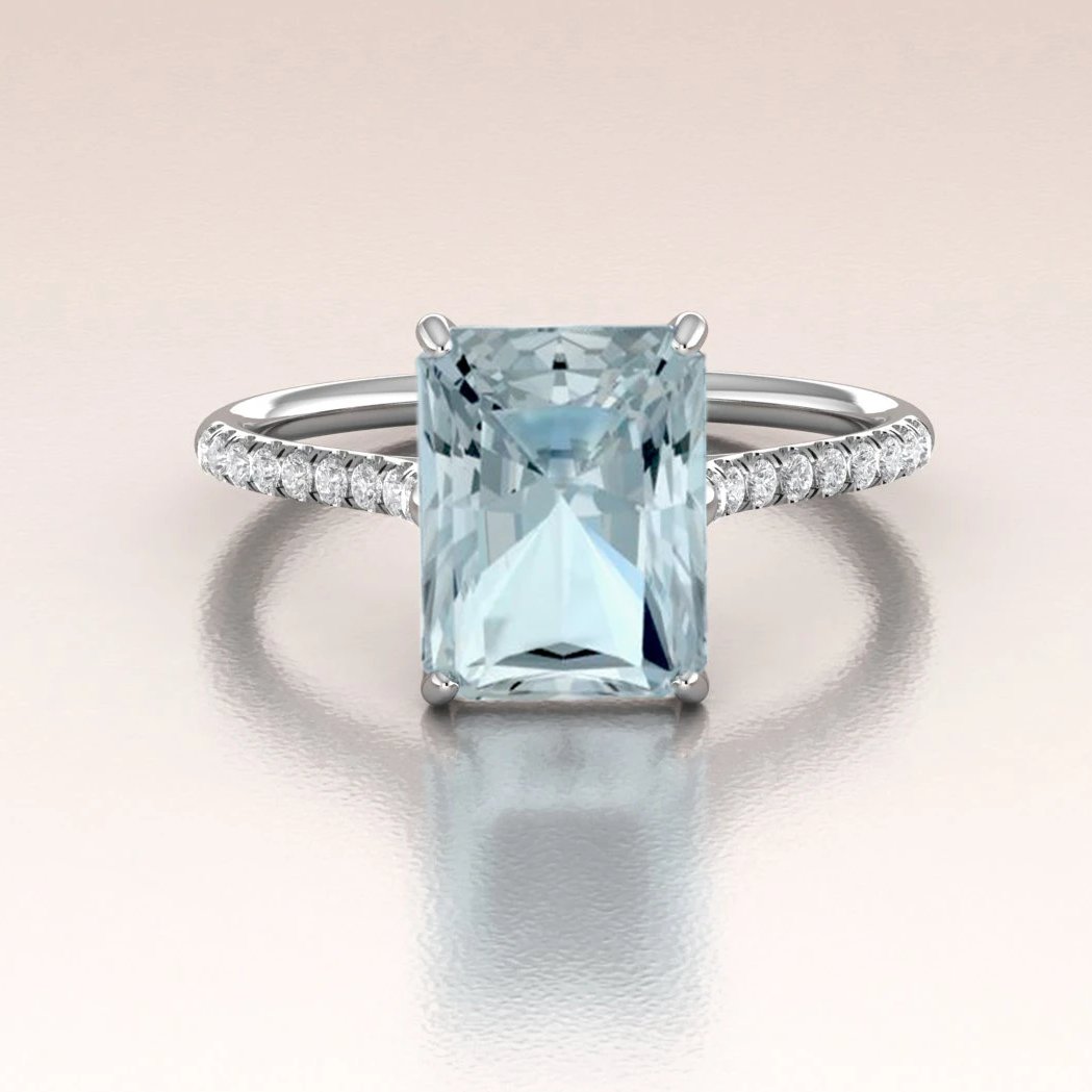 14k White Gold Emerald Cut Aquamarine Engagement Ring
