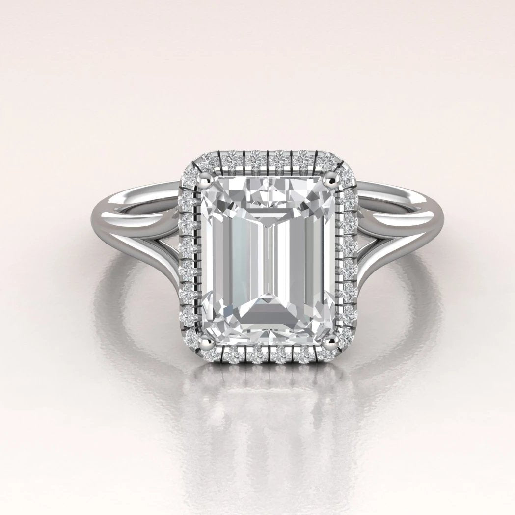 14K White Gold Emerald Cut Moissanite Diamond Halo Engagement Ring
