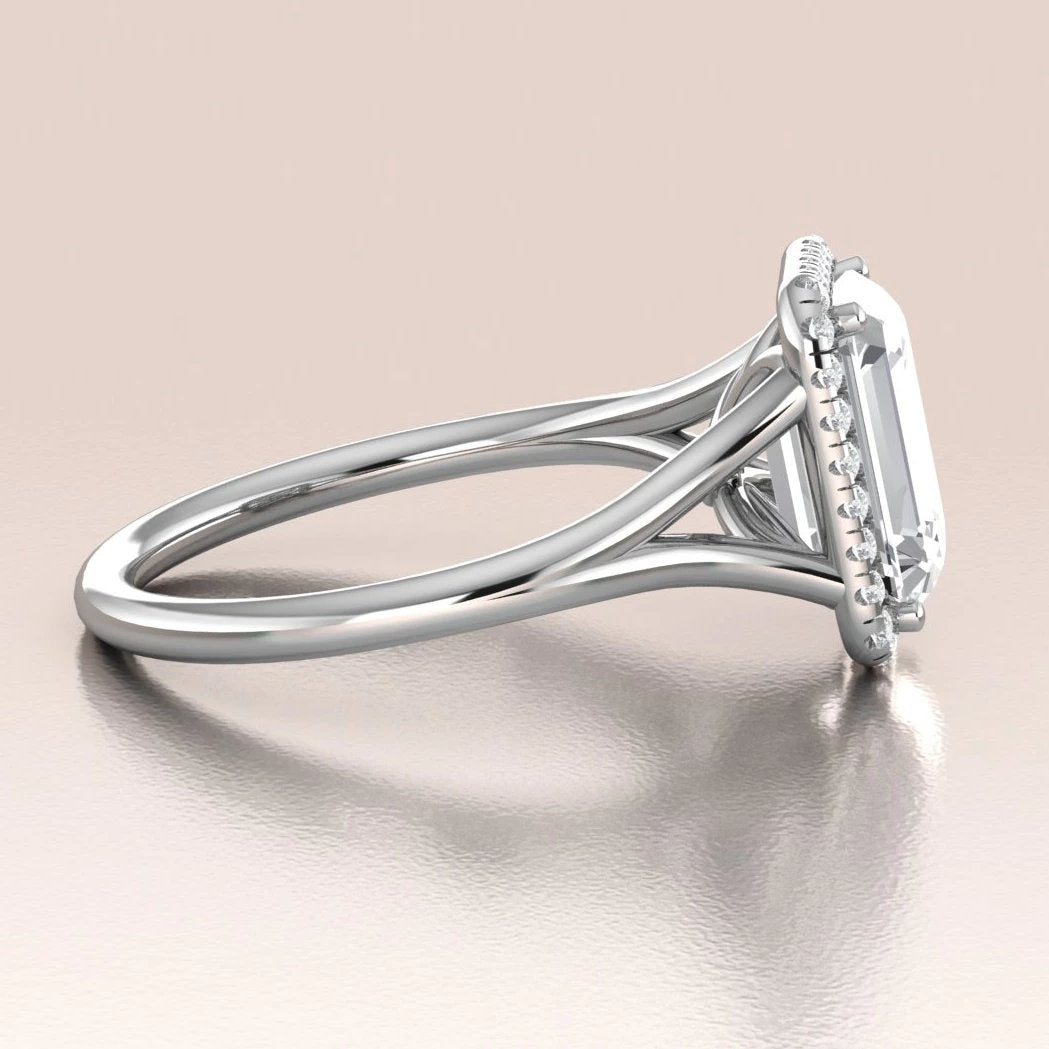 14K White Gold Emerald Cut Moissanite Diamond Halo Engagement Ring
