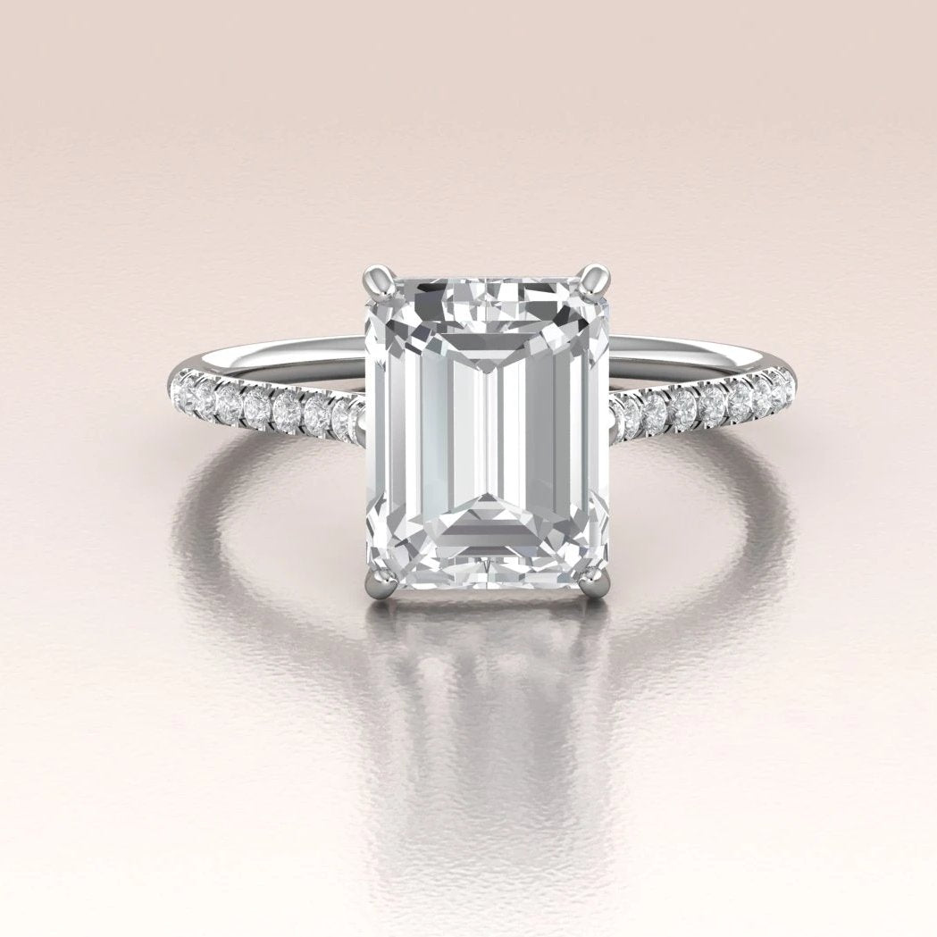 14K White Gold Emerald Cut Moissanite Engagement Ring with Diamonds ...